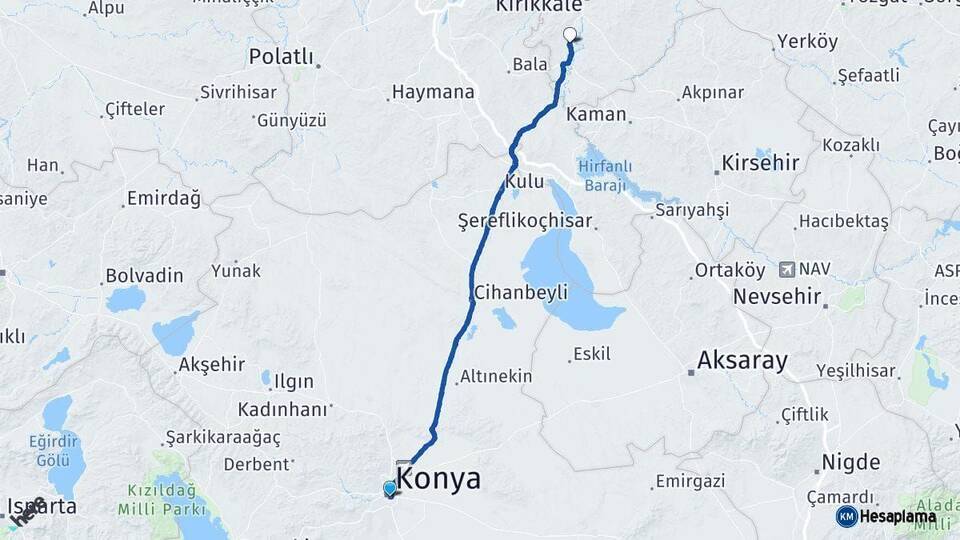 Konya Bahşili Kırıkkale Arası Kaç Km - Yol Haritası