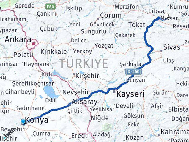 Konya Başçiftlik Tokat Arası Kaç Km - Yol Haritası