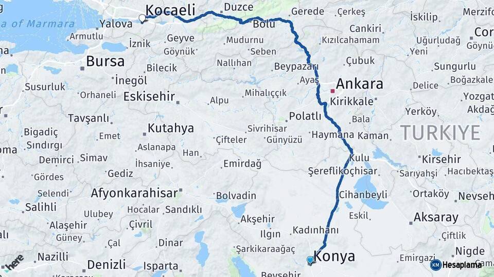 Konya Başiskele Kocaeli Arası Kaç Km - Yol Haritası