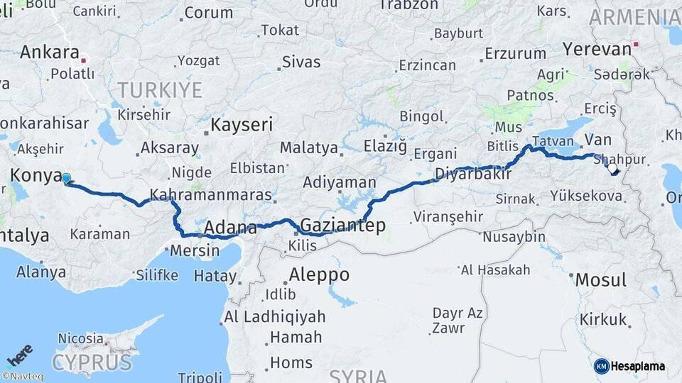 Konya Başkale Van Arası Kaç Km - Yol Haritası