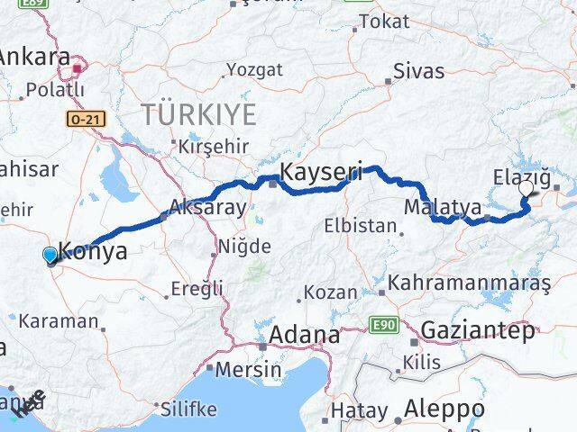 Konya Baskil Elazığ Arası Kaç Km - Yol Haritası