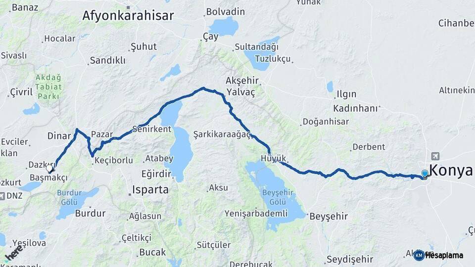 Konya Başmakçı Afyonkarahisar Arası Kaç Km - Yol Haritası
