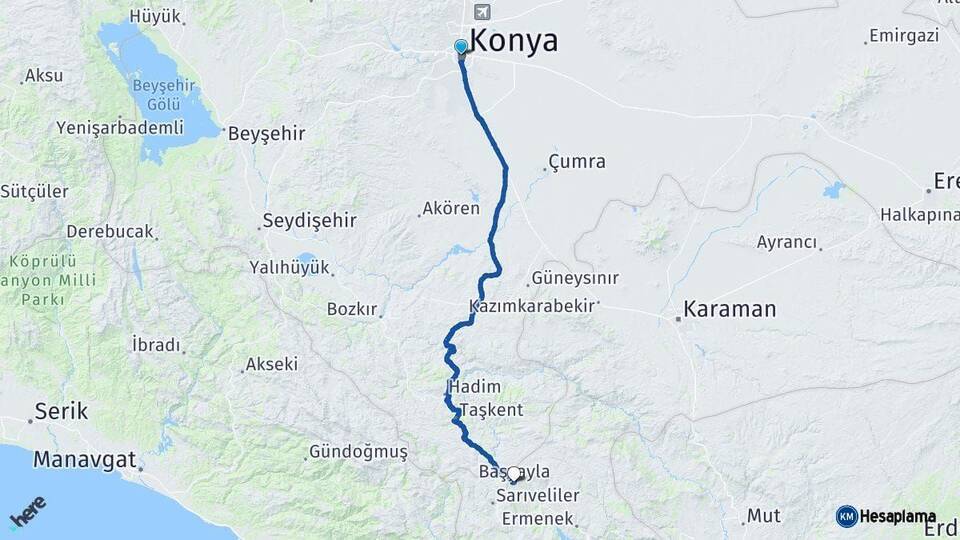 Konya Başyayla Karaman Arası Kaç Km - Yol Haritası