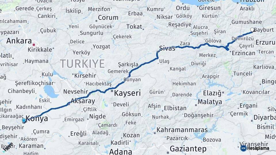 Konya Bayburt Arası Kaç Km - Yol Haritası