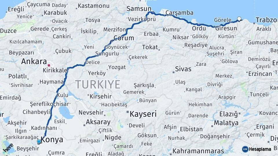 Konya Beşikdüzü Trabzon Arası Kaç Km - Yol Haritası