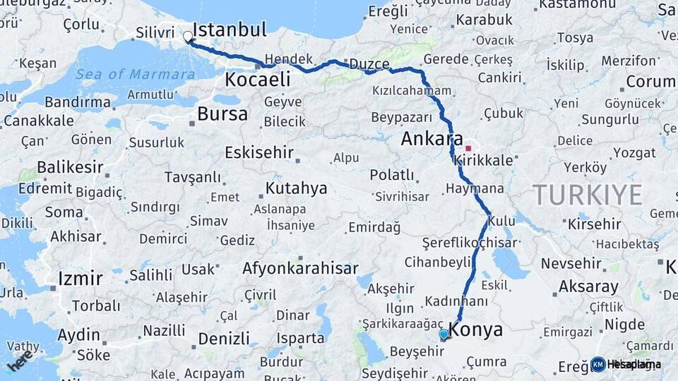 Konya Beyoğlu İstanbul Arası Kaç Km - Yol Haritası