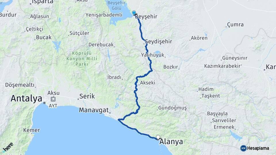 Konya Beyşehir Alanya Antalya Arası Kaç Km - Yol Haritası