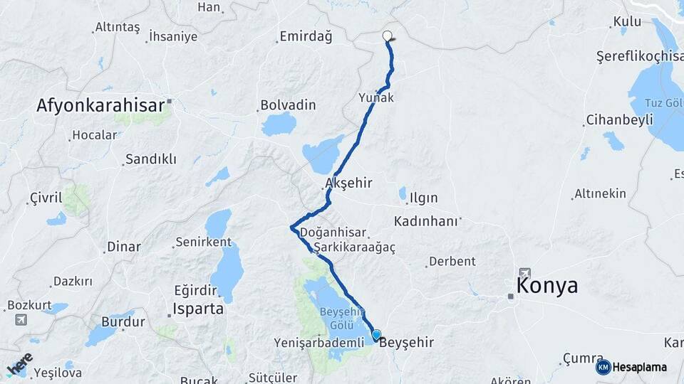 Konya Beyşehir Çeltik Arası Kaç Km - Yol Haritası