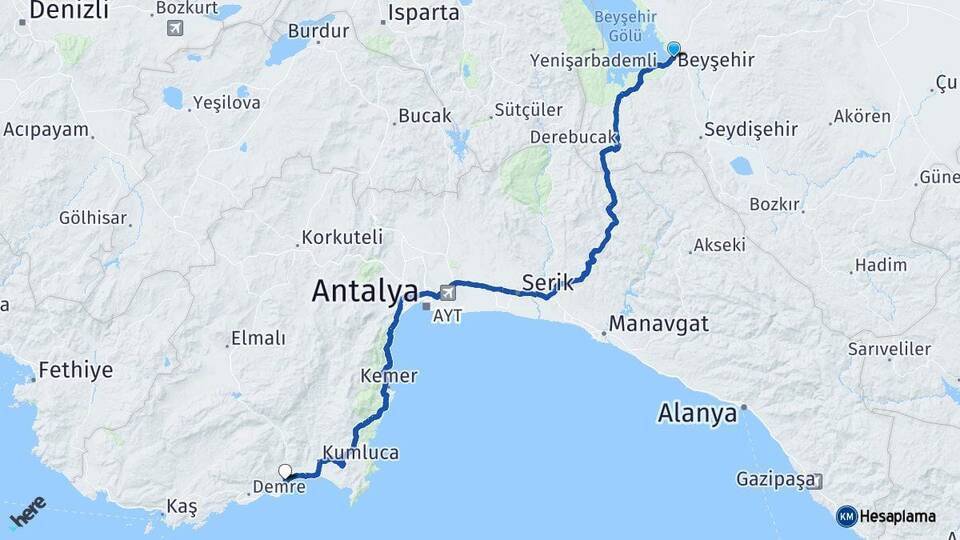 Konya Beyşehir Finike Antalya Arası Kaç Km - Yol Haritası