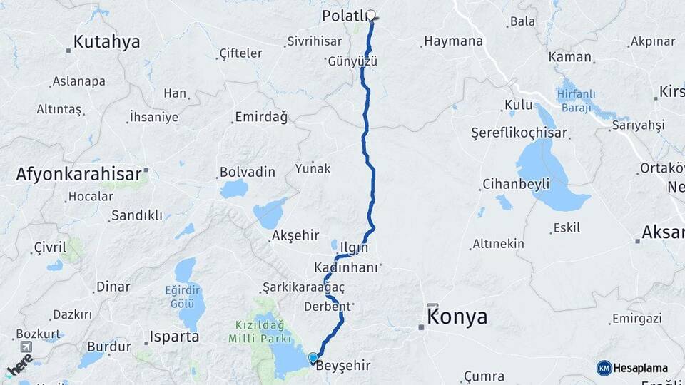 Konya Beyşehir Polatlı Ankara Arası Kaç Km - Yol Haritası