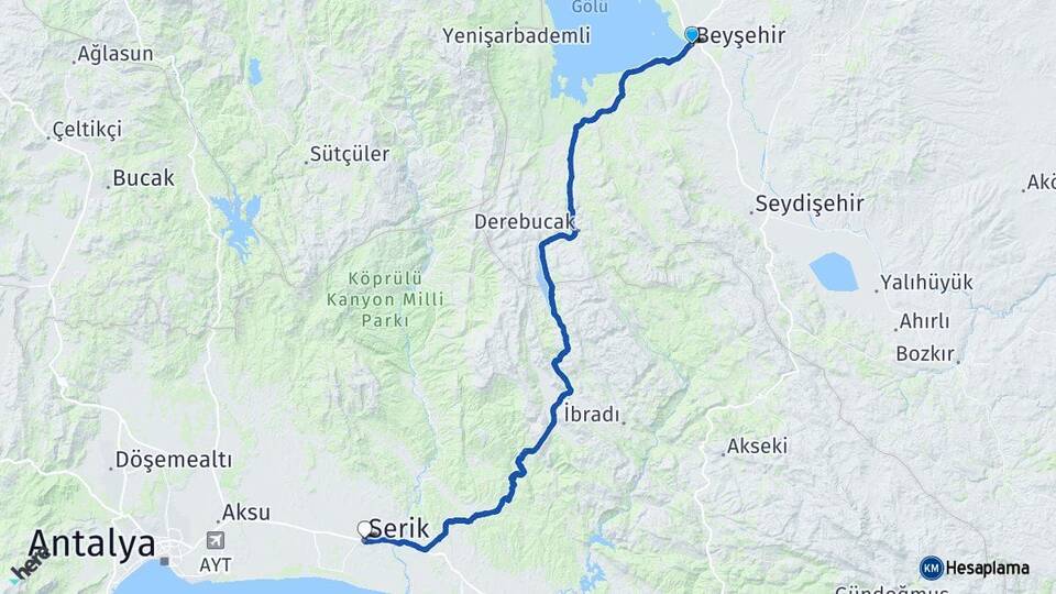 Konya Beyşehir Serik Antalya Arası Kaç Km - Yol Haritası