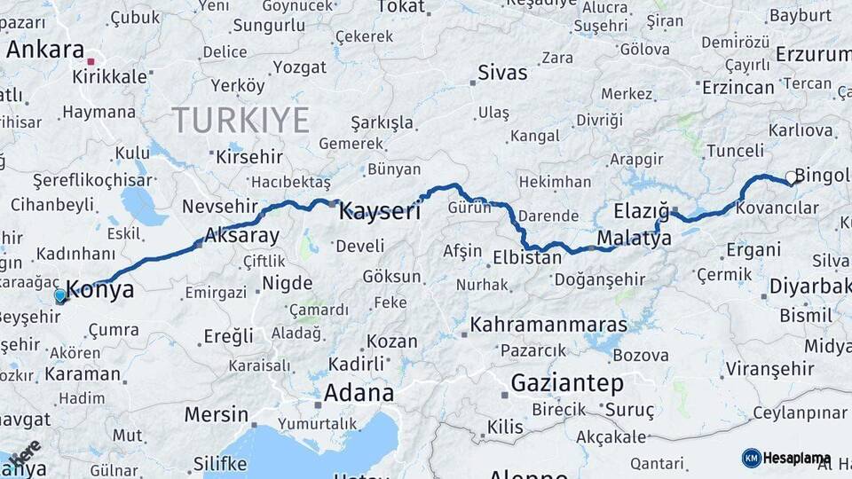 Konya Bingöl Arası Kaç Km - Yol Haritası
