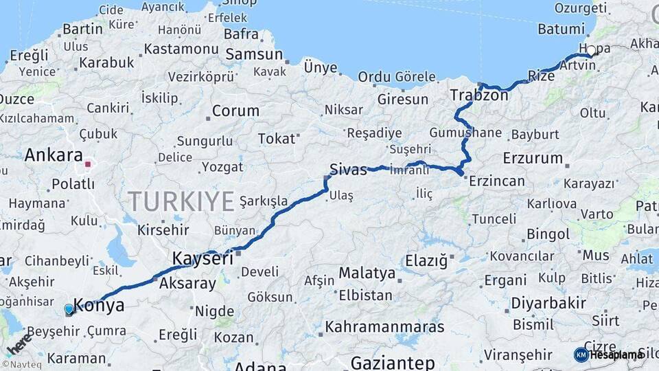 Konya Borçka Artvin Arası Kaç Km - Yol Haritası