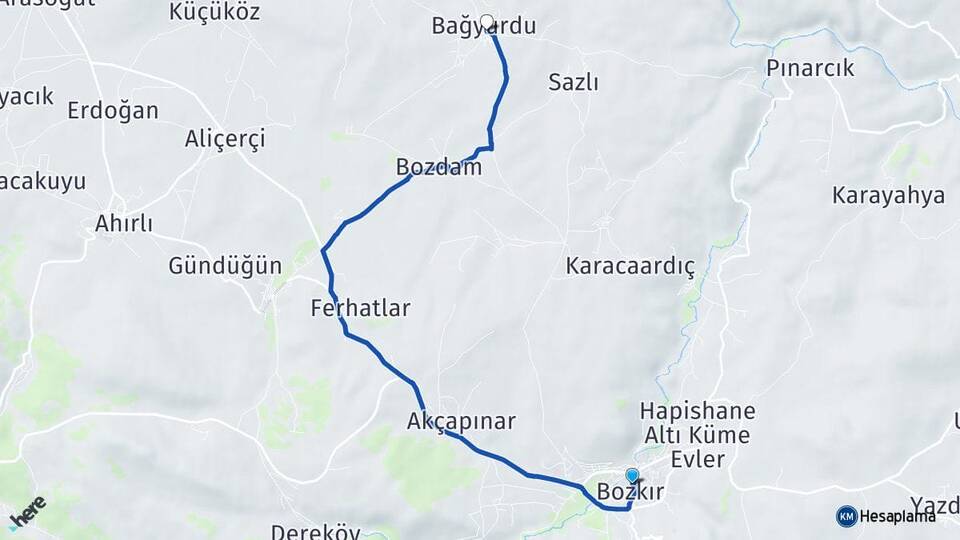 Konya Bozkır Bağyurdu Bozkır Arası Kaç Km - Yol Haritası
