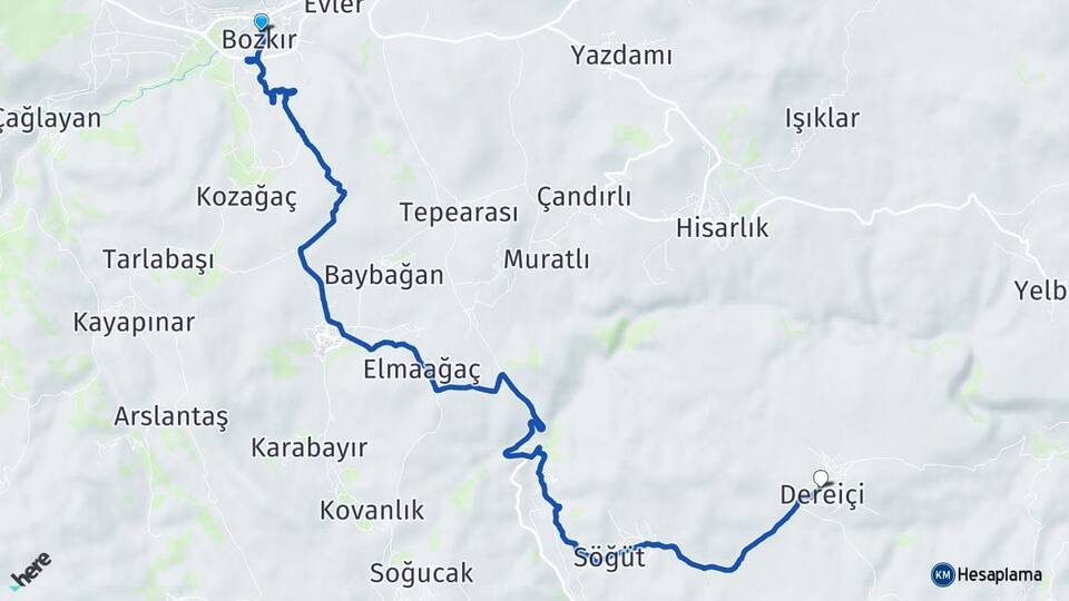 Konya Bozkır Dereiçi Bozkır Arası Kaç Km - Yol Haritası