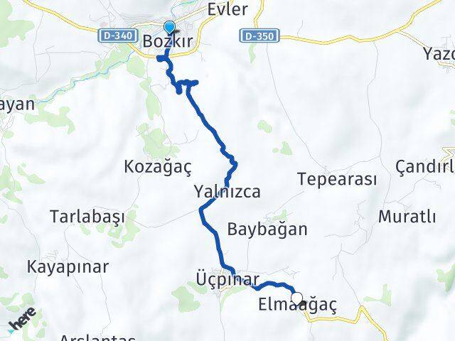 Konya Bozkır Elmaağaç Bozkır Arası Kaç Km - Yol Haritası