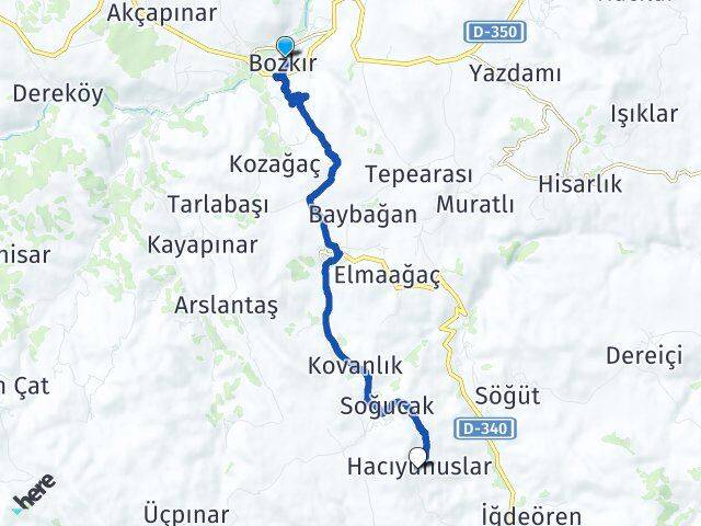 Konya Bozkır Hacıyunuslar Bozkır Arası Kaç Km - Yol Haritası