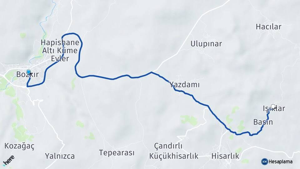 Konya Bozkır Işıklar Bozkır Arası Kaç Km - Yol Haritası