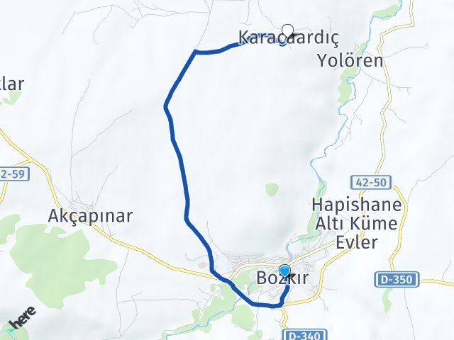 Konya Bozkır Karacaardıç Bozkır Arası Kaç Km - Yol Haritası