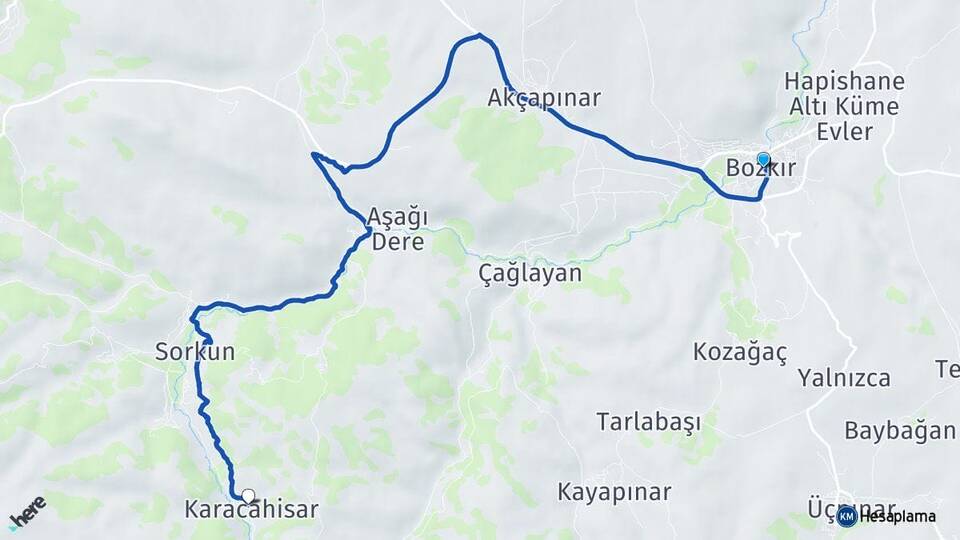 Konya Bozkır Karacahisar Bozkır Arası Kaç Km - Yol Haritası