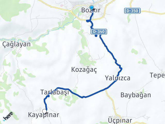 Konya Bozkır Kayapınar Bozkır Arası Kaç Km - Yol Haritası