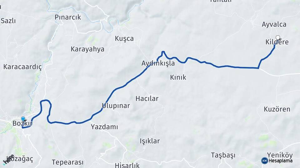 Konya Bozkır Kildere Bozkır Arası Kaç Km - Yol Haritası