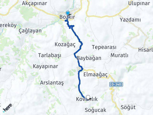 Konya Bozkır Kovanlık Bozkır Arası Kaç Km - Yol Haritası