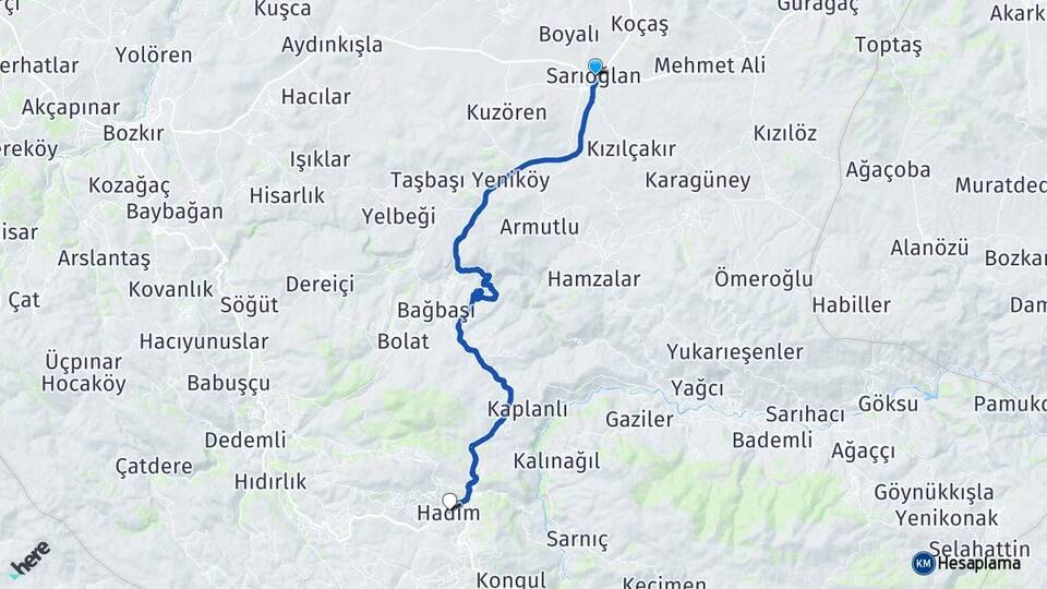 Konya Bozkır Sarıoğlan Hadim Arası Kaç Km - Yol Haritası