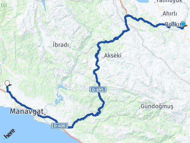Konya Bozkır Taşağıl Manavgat Antalya Arası Kaç Km - Yol Haritası