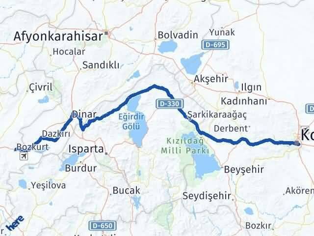 Konya Bozkurt Denizli Arası Kaç Km - Yol Haritası
