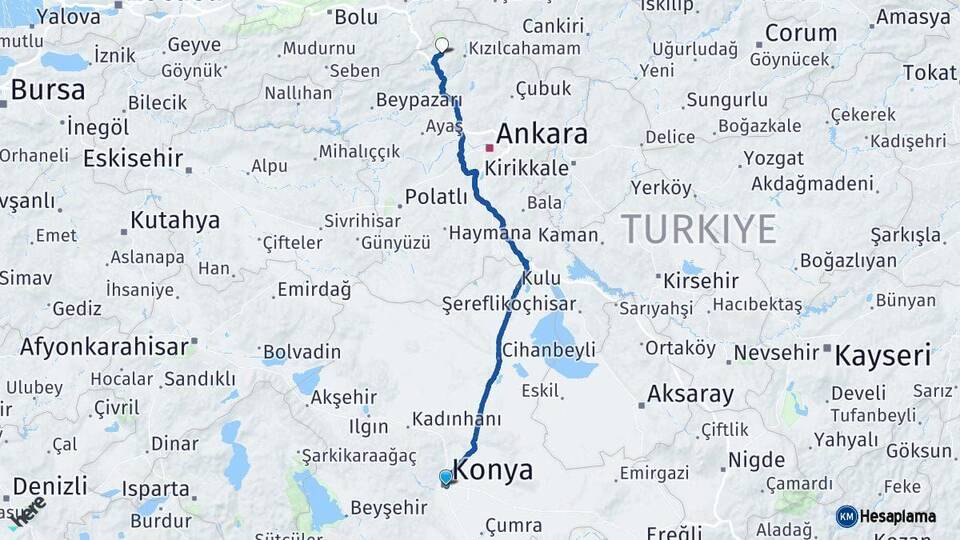 Konya Çamlıdere Ankara Arası Kaç Km - Yol Haritası
