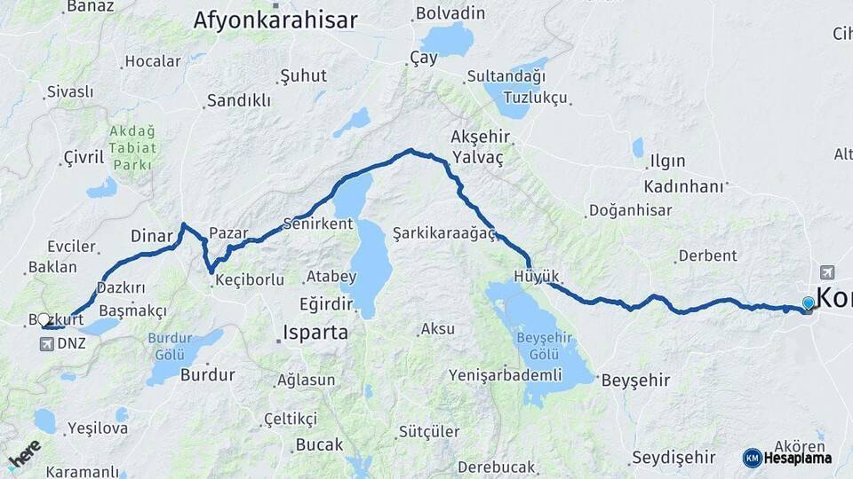 Konya Çardak Denizli Arası Kaç Km - Yol Haritası