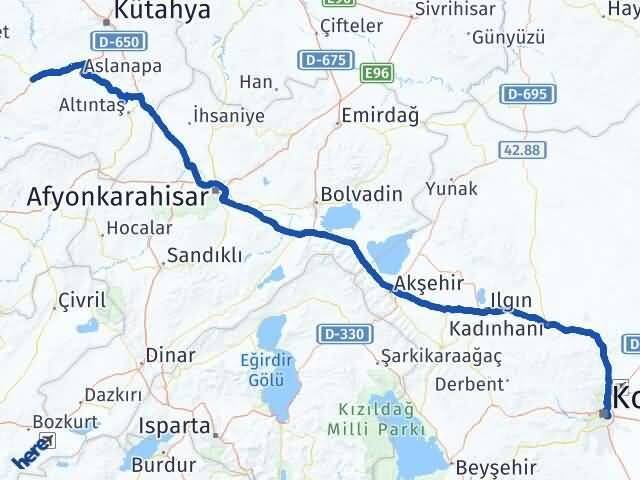 Konya Çavdarhisar Kütahya Arası Kaç Km - Yol Haritası