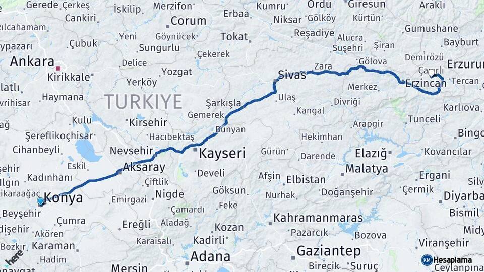Konya Çayırlı Erzincan Arası Kaç Km - Yol Haritası