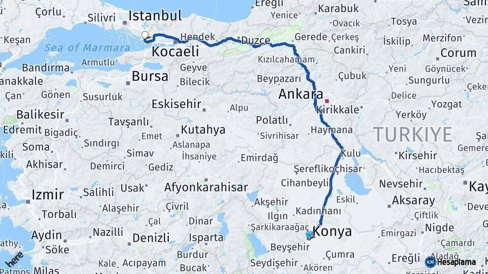 Konya Çayırova Kocaeli Arası Kaç Km - Yol Haritası