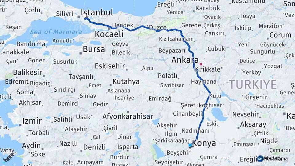 Konya Çekmeköy İstanbul Arası Kaç Km - Yol Haritası