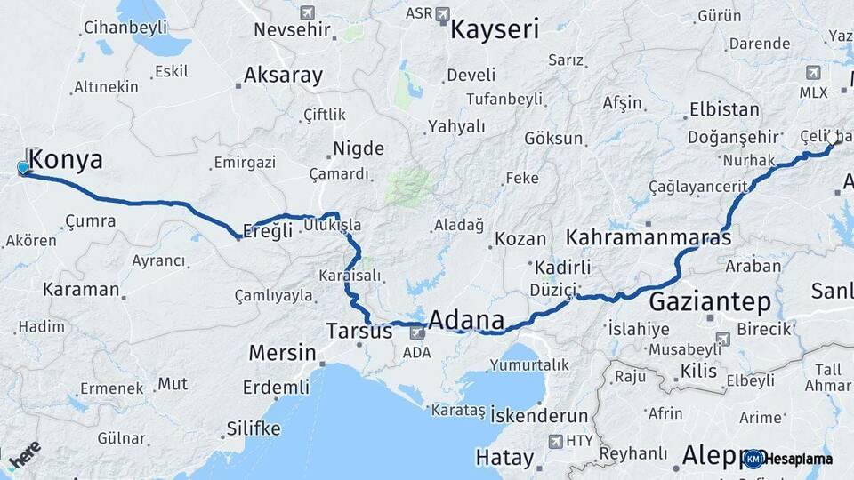 Konya Çelikhan Adıyaman Arası Kaç Km - Yol Haritası