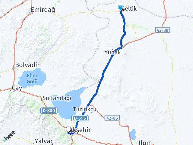 Konya Çeltik Akşehir Arası Kaç Km - Yol Haritası