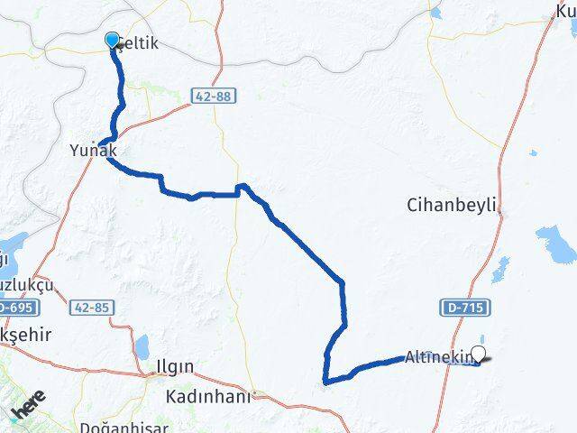 Konya Çeltik Altınekin Arası Kaç Km - Yol Haritası