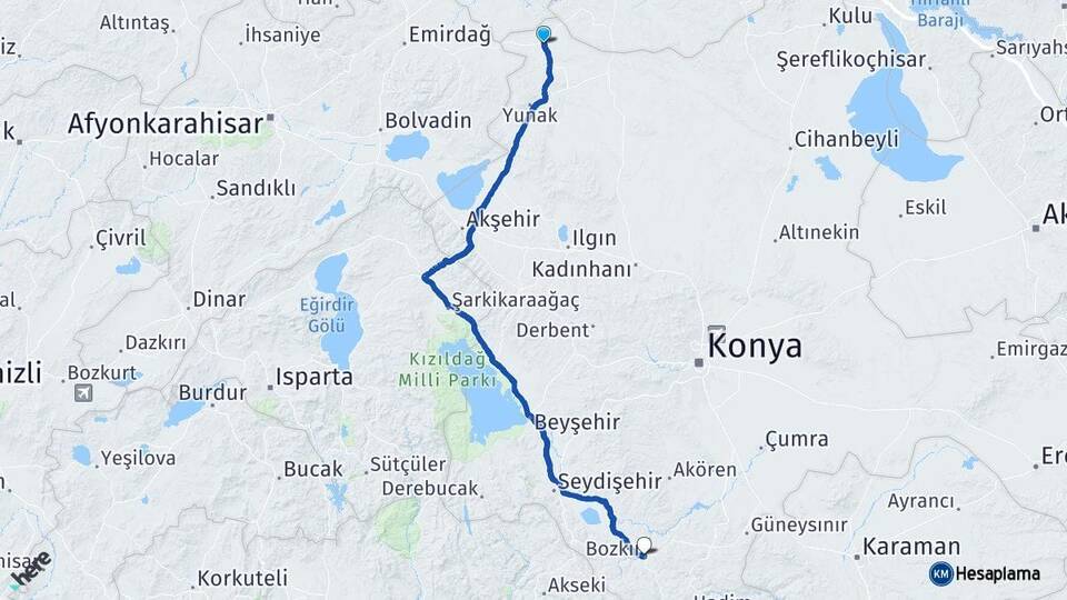 Konya Çeltik Bozkır Arası Kaç Km - Yol Haritası