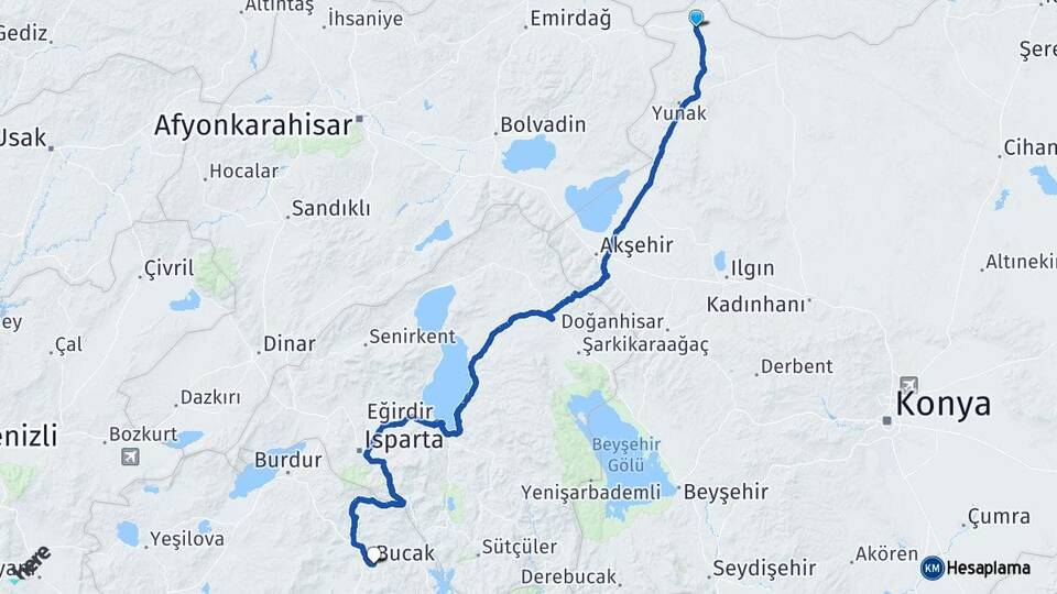 Konya Çeltik Bucak Burdur Arası Kaç Km - Yol Haritası