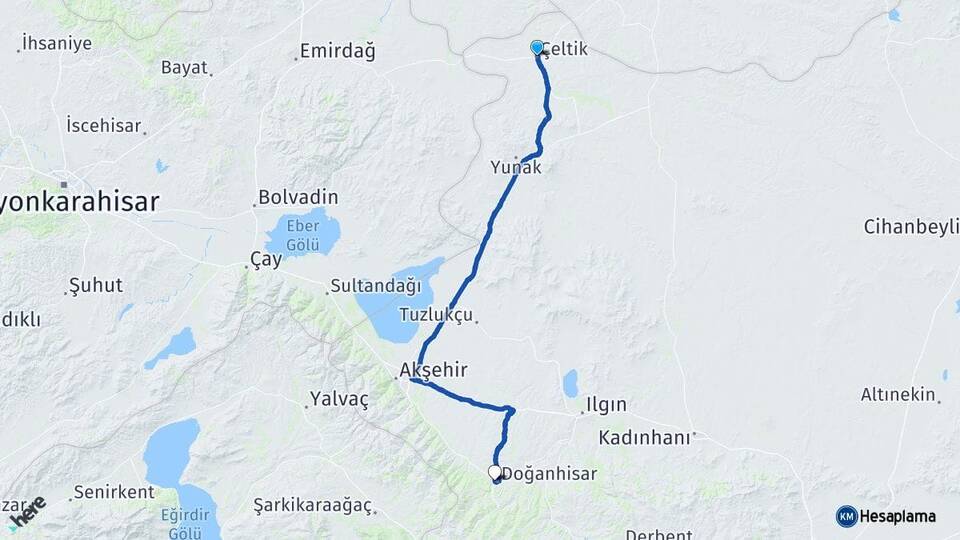 Konya Çeltik Doğanhisar Arası Kaç Km - Yol Haritası