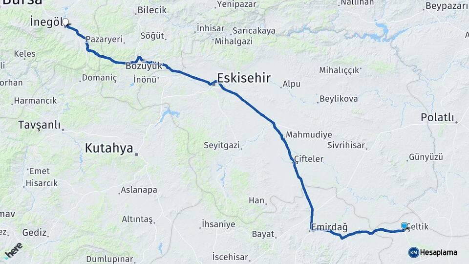 Konya Çeltik İnegöl Bursa Arası Kaç Km - Yol Haritası