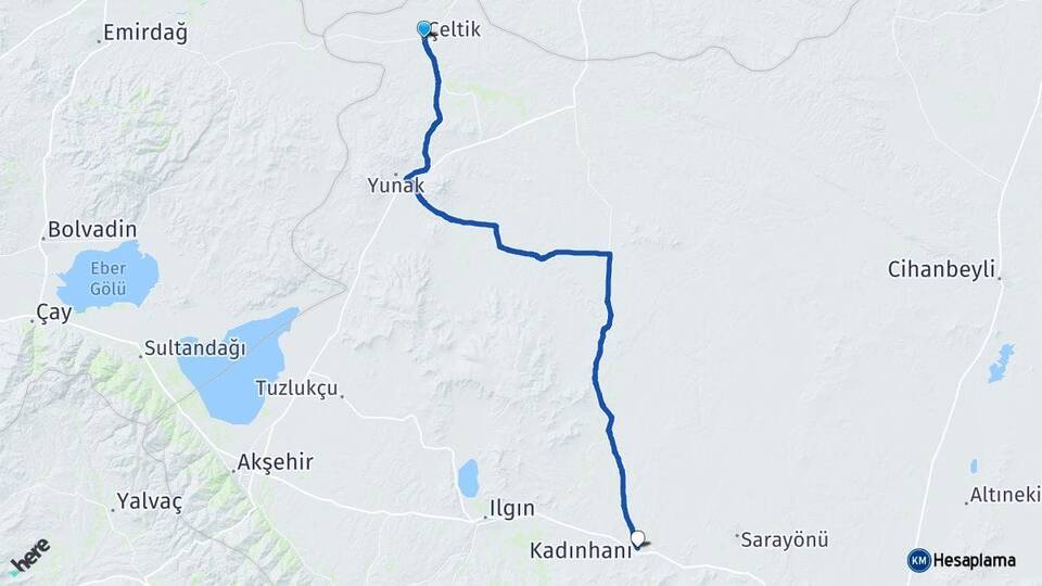 Konya Çeltik Kadınhanı Arası Kaç Km - Yol Haritası