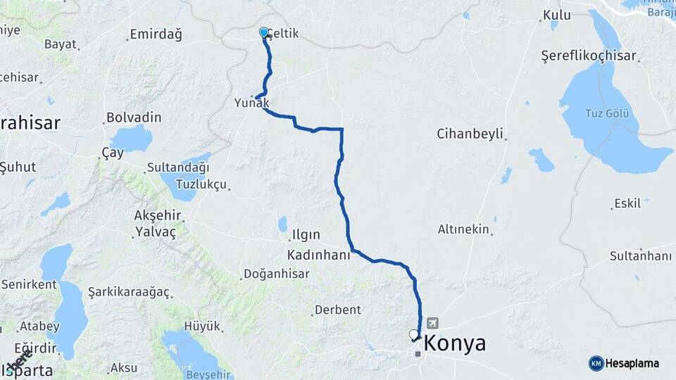 Konya Çeltik Selçuklu Arası Kaç Km - Yol Haritası