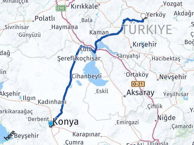 Konya Çiçekdağı Kırşehir Arası Kaç Km - Yol Haritası
