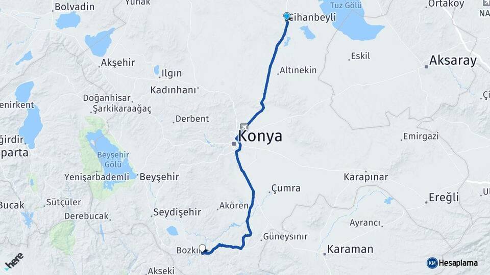 Konya Cihanbeyli Bozkır Arası Kaç Km - Yol Haritası