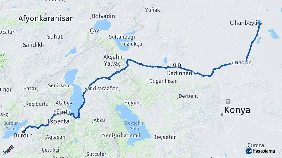 Konya Cihanbeyli Burdur Arası Kaç Km - Yol Haritası