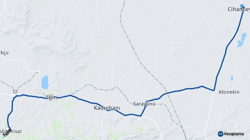 Konya Cihanbeyli Doğanhisar Arası Kaç Km - Yol Haritası