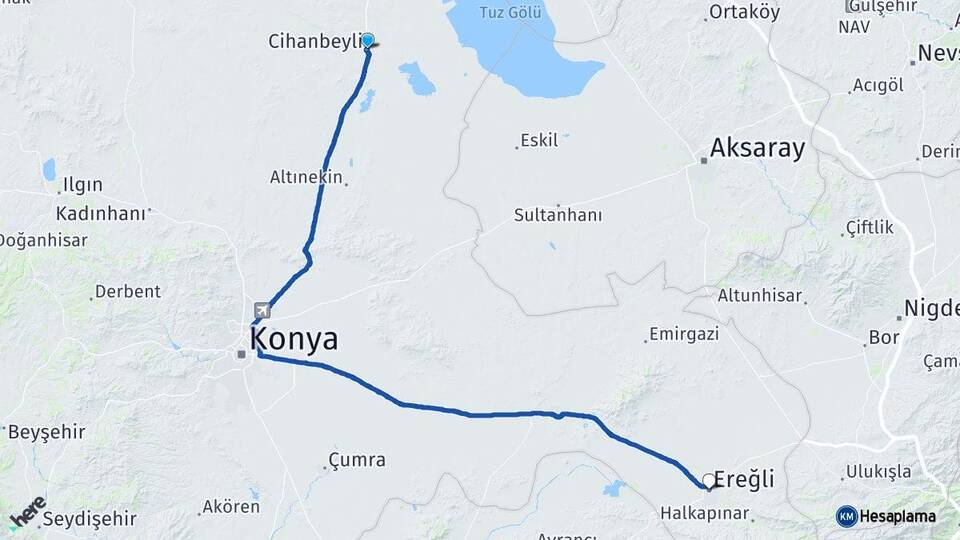 Konya Cihanbeyli Ereğli Arası Kaç Km - Yol Haritası